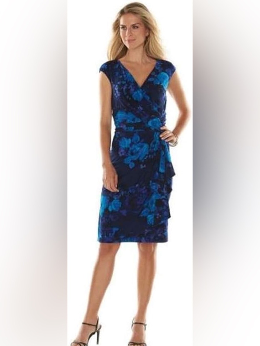Chaps Navy & Bright Blue Floral Wrap-Effect Midi Dress